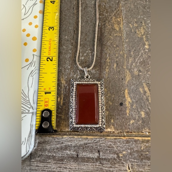 ANTIQUE GERMAN STERLING CARNELIAN EMERLD CUT PENDANT & UNIQUE 18” CHAIN ~13.29g - Picture 10 of 13